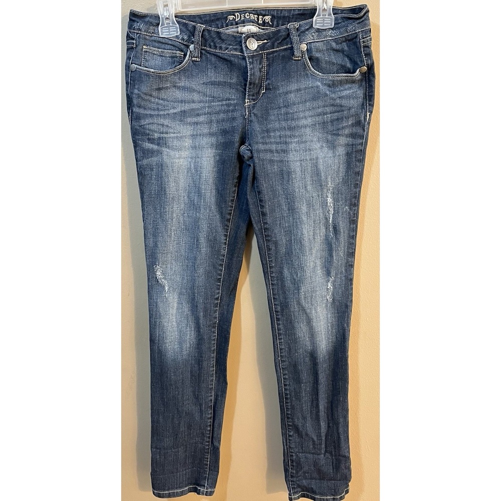 Decree Jeans Womens 11 W32 L30‎ Straight Leg Dark Wash Distressed Low Rise Denim